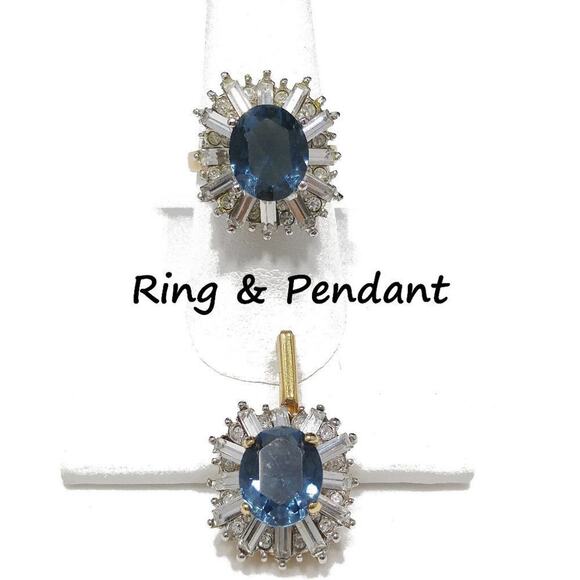 Blue & Clear Rhinestone Ring & Enhancer Pendant Set, Ring 8.25, Pendant 1 1/4 In - Picture 1 of 12